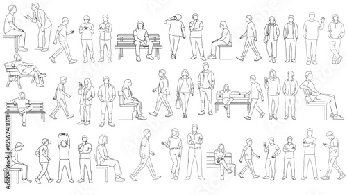 Versatile human figure vector line art poses collection for CAD drawing people reference showcasing diverse everyday posture studies and design.