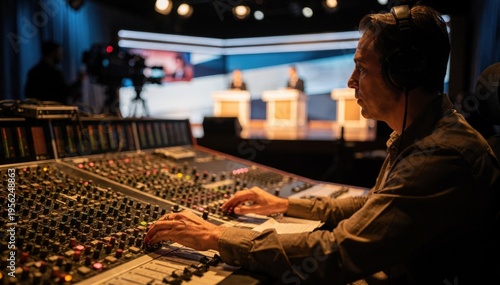 Focused medium shot of an engineer blending multiple microphone signals on a faderrich audio control panel amid a blurred background of a political debate studio.