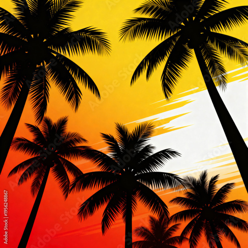 Vibrant Tropical Sunset Palm Trees Silhouette Against Abstract Golden Orange Sky Background

