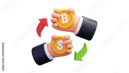 3D Illustration of Cryptocurrency Exchange Between Bitcoin and Dollar Currency