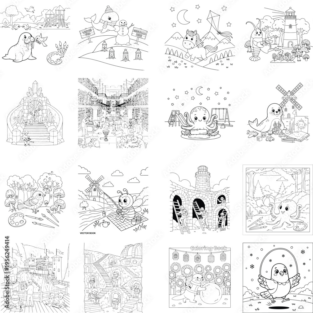 Obraz premium Hand-drawn outline illustration of diverse fairytale houses and cottages in a whimsical village