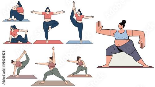 Modern vector illustration of women practicing yoga poses for fitness balance and mindful lifestyle showcasing flexibility strength and calm exercise routines.
