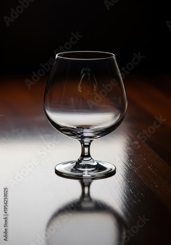 Elegant empty snifter glassware sitting on a dark, reflective wooden surface, highlighting the crystal clear quality of the vessel, Snifter, brandy, alcohol