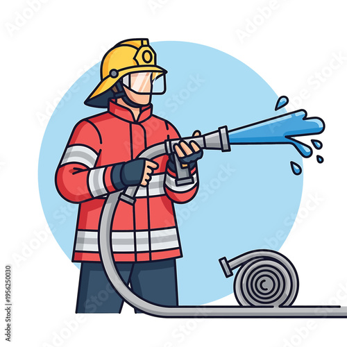 Firefighter spraying water from hose.