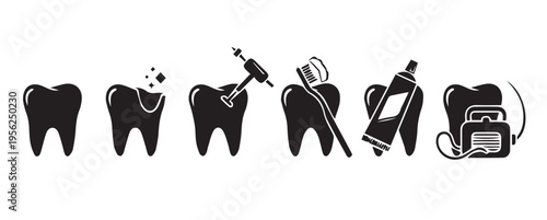 Dental Care and Oral Hygiene Icon Set - Stomatology and Tooth Treatment Silhouettes