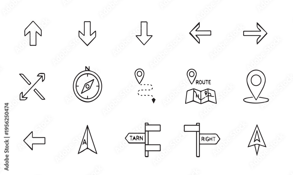 Fototapeta premium Navigation and Map Directional Line Icons Set for GPS and Travel