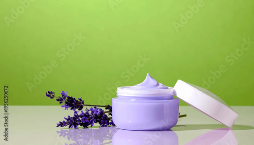 Side view lavender moisturizer jar open with lavender flowers green background retinol peptide calming hydration skincare product mockup anti aging cosmetic branding packaging design