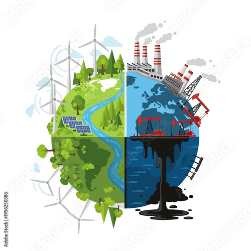 Earth divided: Green energy vs. industrial pollution, renewable vs. fossil fuels