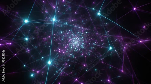 Vibrant network visualization with glowing purple and blue nodes and connections on a dark background, showcasing a complex web of digital relationships with a futuristic and technological