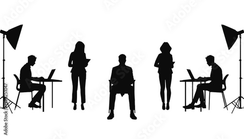 A small circle of business people are gathered together listening to a central speaker in stark black.