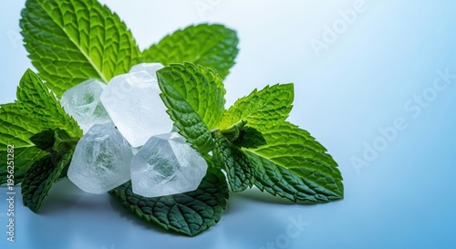 Macro shot of pure white menthol crystals surrounded by vibrant green peppermint leaves, symbolizing potent freshness and cooling relief, crystalline, vibrant, white