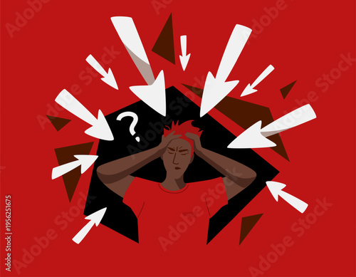 Misinformation vector illustration, Stressed man with multiple arrows pointing at his head. Confusion, information pressure, information overload from fake news on a red background