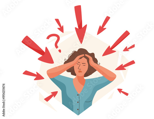 Overwhelmed by misinformation vector illustration. Stressed woman with multiple arrows pointing at his head. Confusion and information overload from fake news, social media. Panic attack