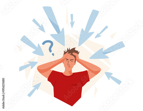 Overwhelmed by misinformation vector illustration. Stressed man with multiple arrows pointing at his head. Confusion and information overload from fake news
