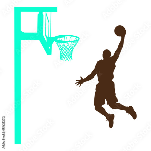Basketball player dunk silhouette teal outline, jumping to hoop action, dynamic slam dunk pose, sports vector graphic isolated on white.