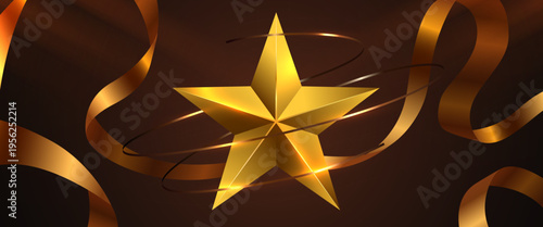 Shiny golden star and flowing ribbons on a dark elegant background, ideal for luxury and celebration designs. Vector illustration.