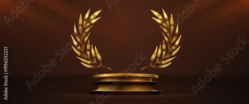 Luxurious golden podium with a laurel wreath, perfect for awards and product showcases. Vector illustration.