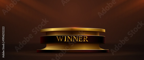 Golden Winner Podium with Spotlights on Dark Background. A luxurious pedestal for awards and success. Vector illustration