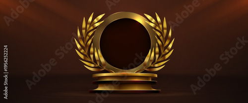 Luxurious golden laurel wreath on a podium with an empty frame against a dark background. Vector illustration.