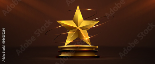 Premium Golden Star Trophy on an Illuminated Dark Stage. This elegant award symbolizes success, achievement, and victory. Vector illustration