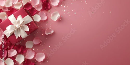 Soft pink gift box with satin bow surrounded by peonies, floating petals and golden confetti on pastel background