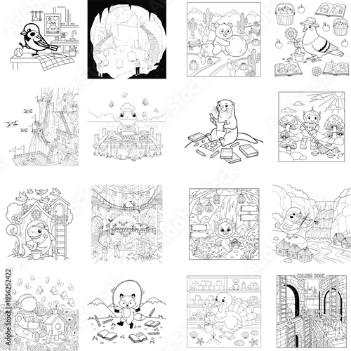 Hand-drawn outline illustration of diverse egyptian architecture, black and white sketch