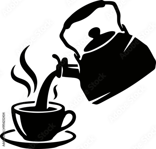 Teapot pouring water into a cup kettle silhouette. Morning breakfast scene vector for cafe menus, relaxation, and tea time branding