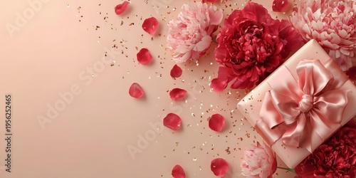 Elegant gift box with red ribbon surrounded by blooming peonies and floating petals, soft romantic pastel background