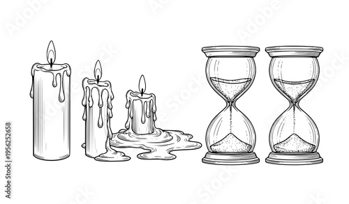 Time passing concept objects outline vector candle melting and hourglass stages