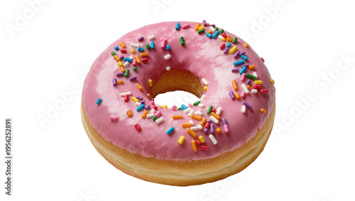 Billede på lærred Isolated appetizing pink frosted donut decorated with bright sprinkles, perfect sugary treat