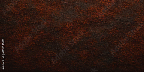 A dark vintage wall features a heavily textured rusty metal surface with an aged brown and orange grunge pattern, creating a grungy red material design on the old weathered stone-like paper wallpaper