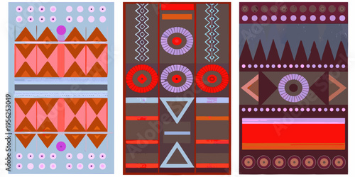 Three vertical panels displaying colorful geometric and tribal patterns