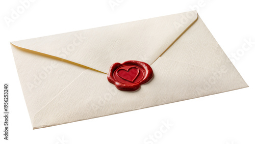 Isolated cream envelope with red heart wax seal for romantic letter or special message