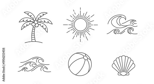 Minimal Summer Beach Icons Outline Black and White Vector Collection