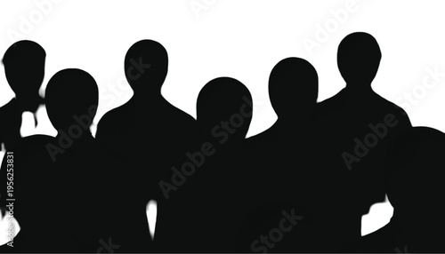 A small circle of business people are gathered together listening to a central speaker in stark black.