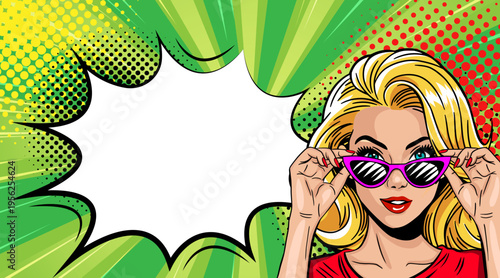Pop Art Blonde Woman Adjusting Purple Sunglasses - Retro Comic Book Style Illustration and Green Speech Bubble Background