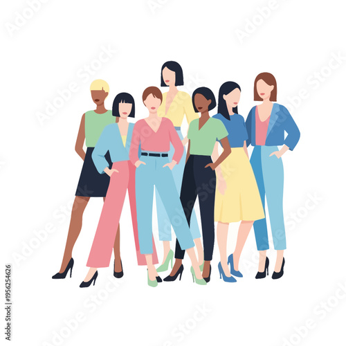 Diverse group of women standing together, modern fashion, flat illustration