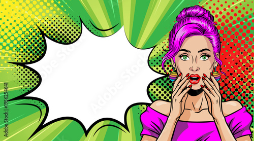 WebPop Art Surprised Woman with Purple Hair Hands on Face - Retro Comic Book Style Illustration and Green Speech Bubble Background