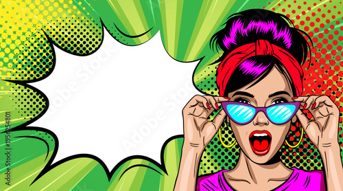 Pop Art Excited Woman Adjusting Blue Sunglasses - Retro Comic Book Style Illustration with Purple and Red Hair Girl and Green Speech Bubble Background