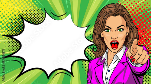 Fotografía Pop Art Businesswoman Pointing Finger - Retro Comic Book Style Illustration with