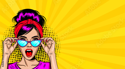 Pop Art Woman Adjusting Blue Sunglasses - Retro Comic Book Style Illustration with Purple Hair Girl and Yellow Sunburst Background