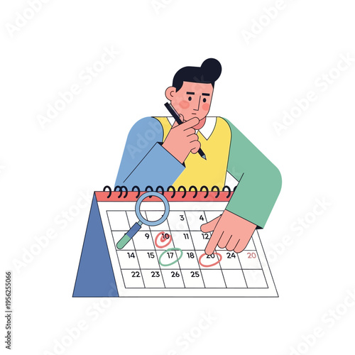 Man Planning Schedule with Calendar and Magnifying Glass