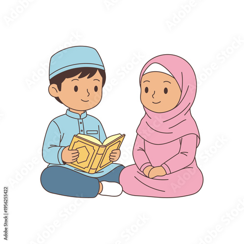 Two Muslim children reading the Quran together, boy in kufi, girl in hijab