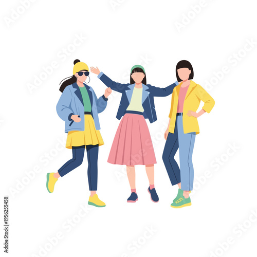 Three stylish young women in colorful outfits, friendship, diverse friends posing together