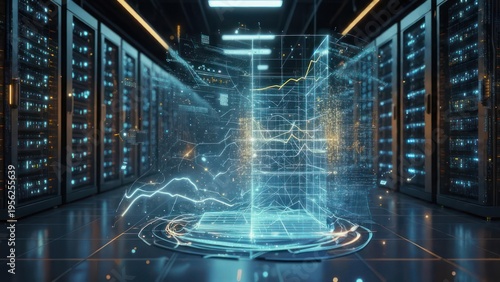 Digital data visualization overlayed in a server room with glowing lines