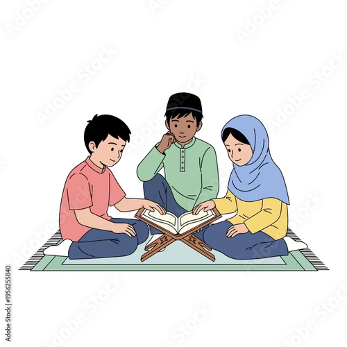 Children Reading Quran Together on Prayer Mat, Islamic Education Concept
