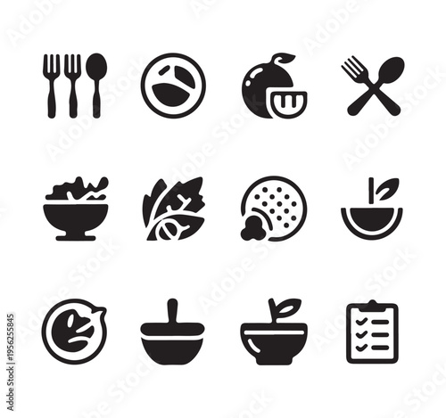Healthy food and dining icons set including cutlery, fruit, vegetables, and meal prep