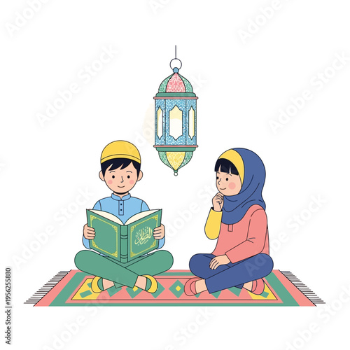 Children Reading Quran on Prayer Mat with Ramadan Lantern