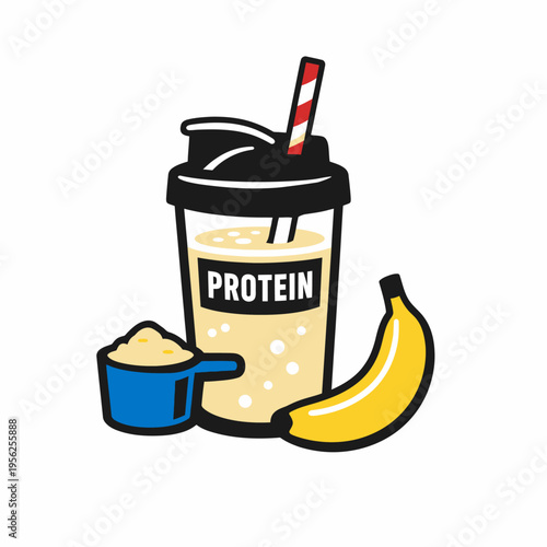 Cartoon illustration of protein shake with banana and scoop of powder for healthy nutrition and fitness