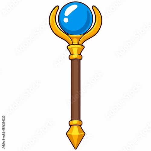 cartoon magic wand with blue crystal ball on top for fantasy stories